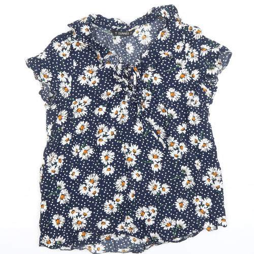 Dunnes Women's Blue Floral Ruffle V-Neck Blouse Size 10
