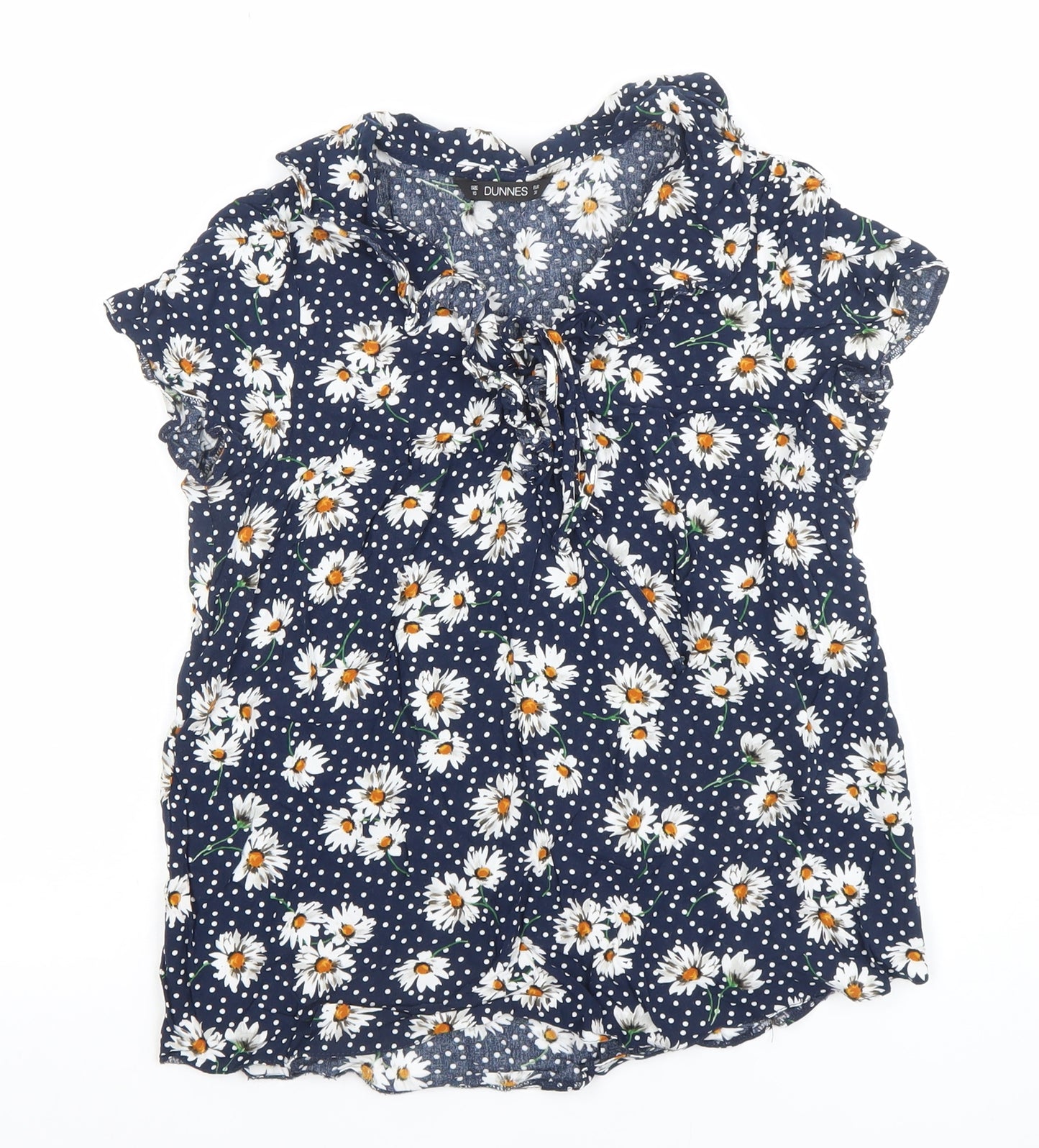 Dunnes Women's Blue Floral Ruffle V-Neck Blouse Size 10
