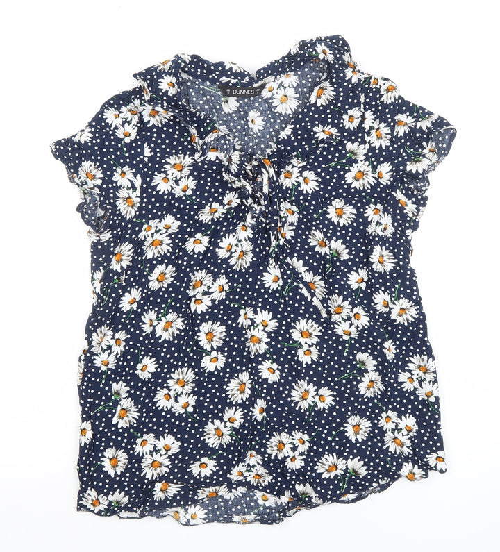 Dunnes Women's Blue Floral Ruffle V-Neck Blouse Size 10