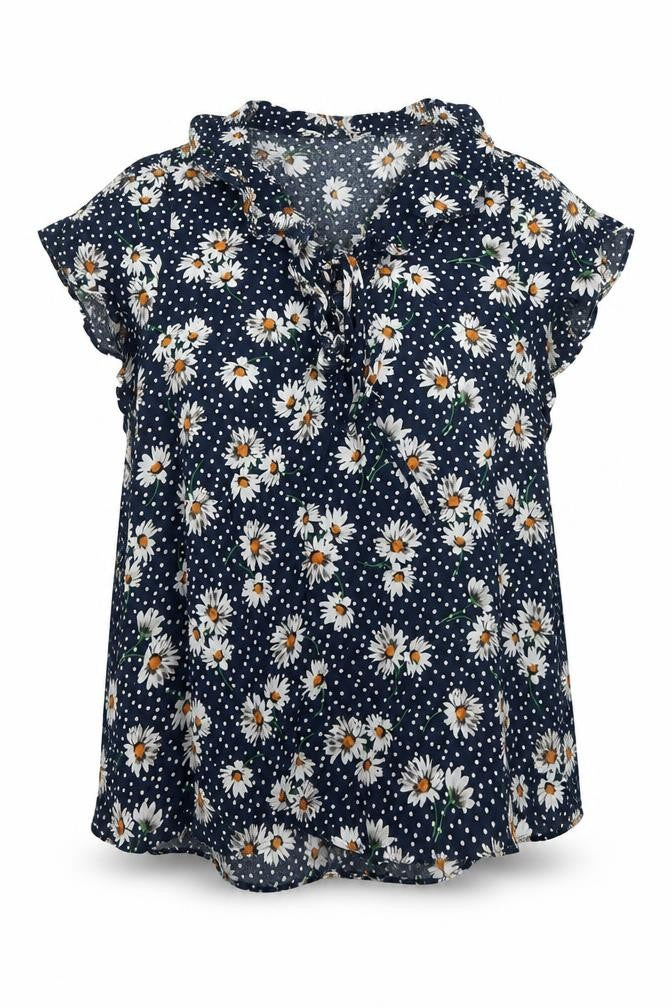 Front view of Dunnes Women's Blue Floral Ruffle V-Neck Blouse, size 10