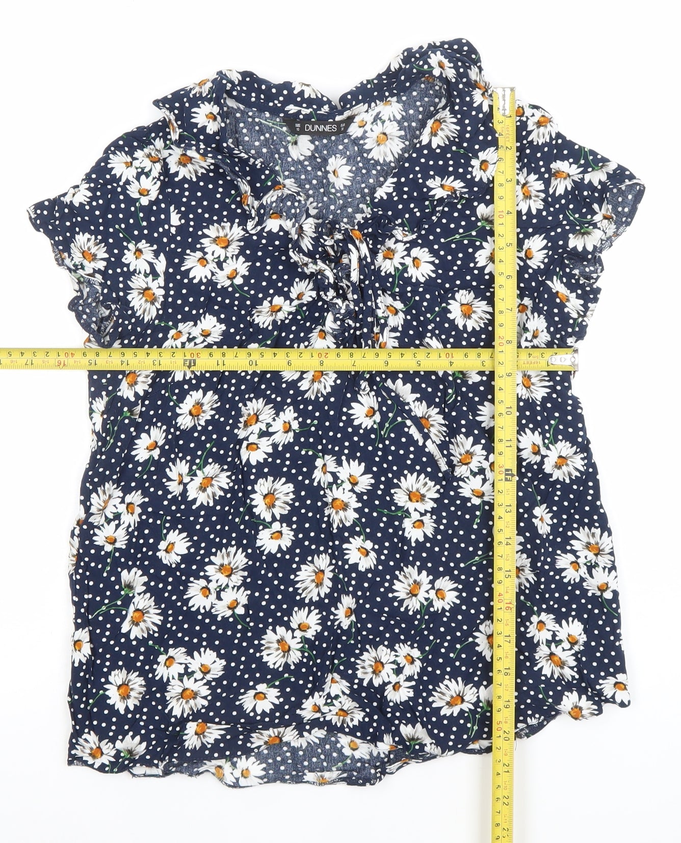 Dunnes Women's Blue Floral Ruffle V-Neck Blouse Size 10