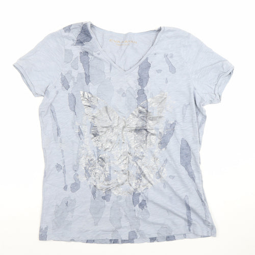 EVA KAYAN Women's Blue Butterfly V-Neck Cotton T-Shirt Size 14