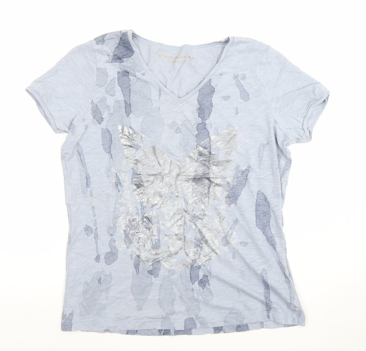 EVA KAYAN Women's Blue Butterfly V-Neck Cotton T-Shirt Size 14