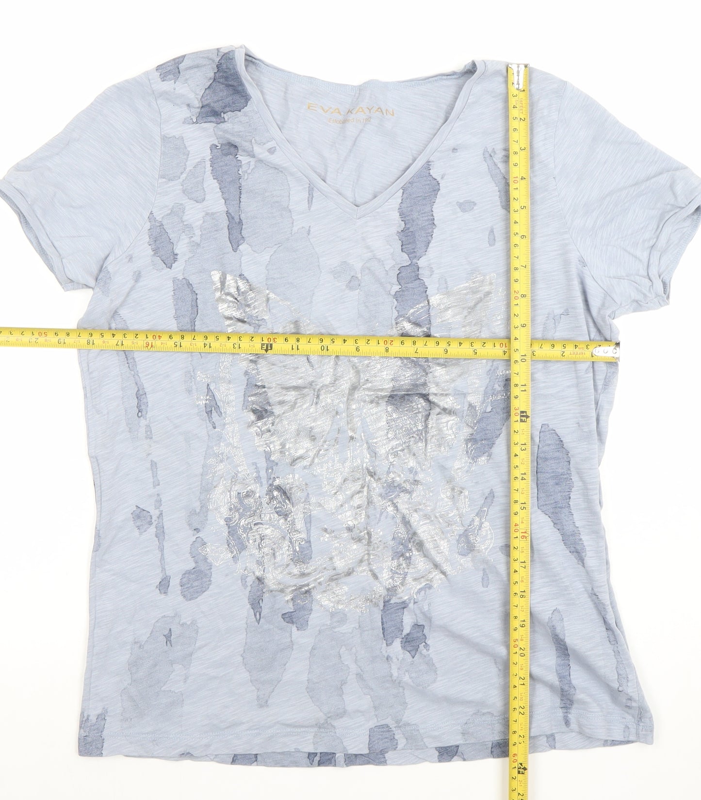 EVA KAYAN Women's Blue Butterfly V-Neck Cotton T-Shirt Size 14