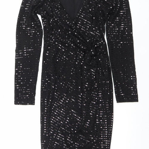 Flounce London Women’s Black Sequin Long Sleeve Bodycon Dress Size 8