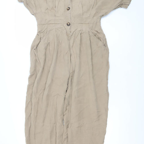 Zara Women Beige Viscose Belted Button Jumpsuit Size XL