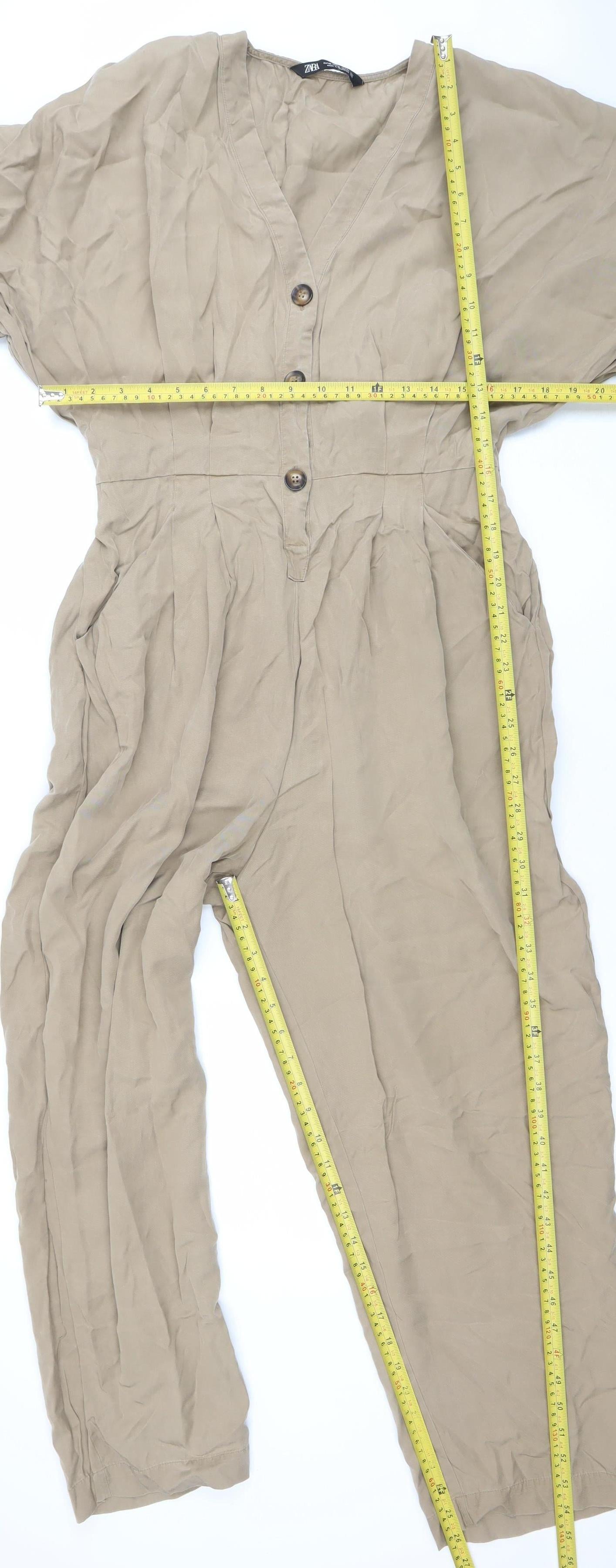 Zara Women Beige Viscose Belted Button Jumpsuit Size XL