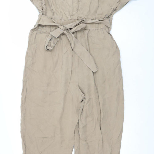 Zara Women Beige Viscose Belted Button Jumpsuit Size XL