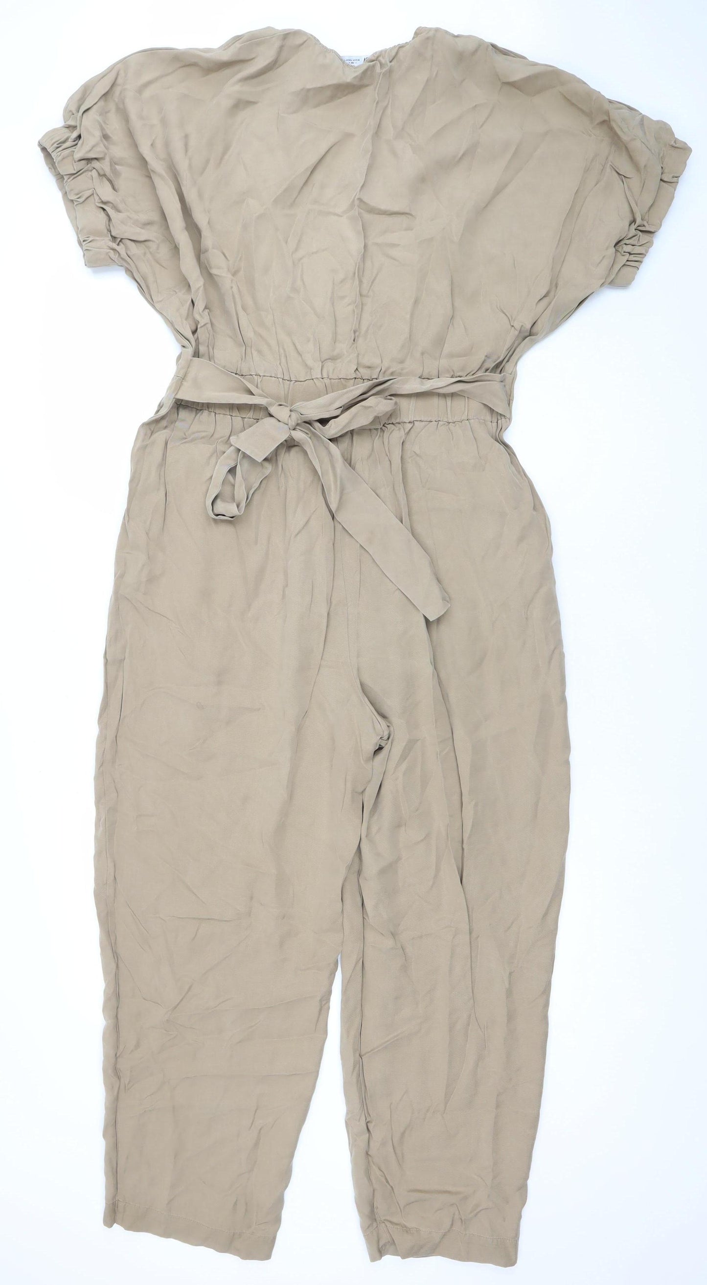 Zara Women Beige Viscose Belted Button Jumpsuit Size XL