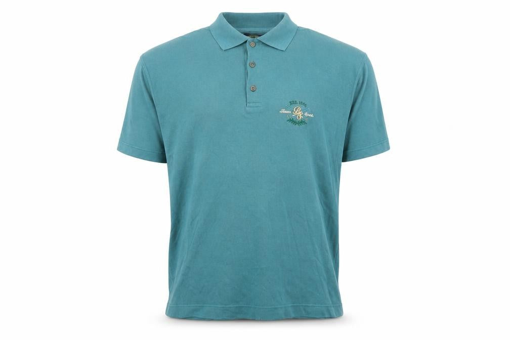 Front view of Back Swing Men’s Blue Cotton Short Sleeve Polo Shirt, size M