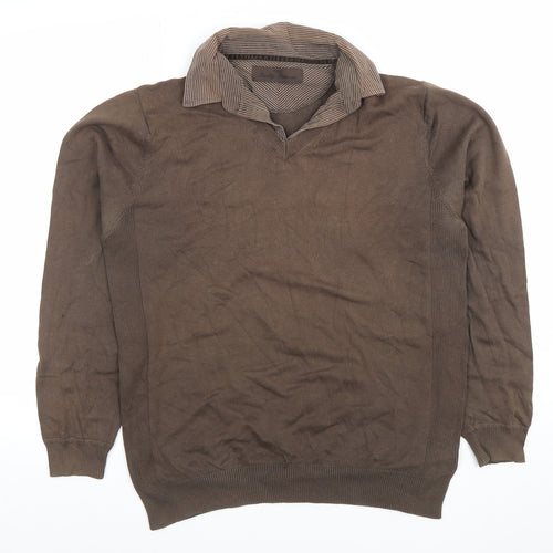 Next Men's Brown Long Sleeve Cotton Silk Knit Polo Shirt M