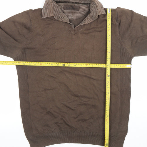 Next Men's Brown Long Sleeve Cotton Silk Knit Polo Shirt M