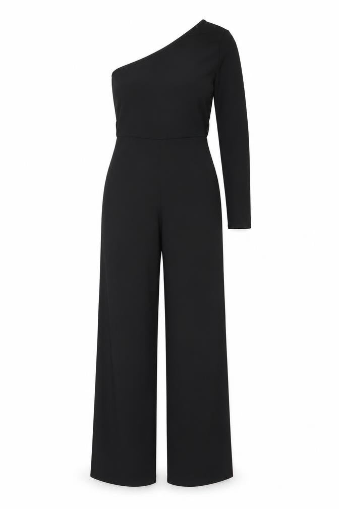 Front view of I Saw It First Women's Black One-Shoulder Long Sleeve Jumpsuit, size 8