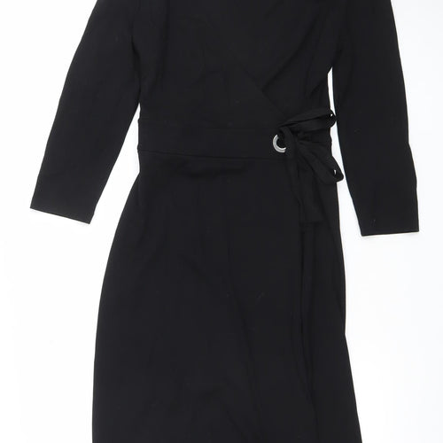 Massimo Dutti Women's Black Viscose Wrap Dress Size 8 Long Sleeve