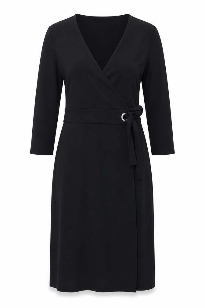 Front view of Massimo Dutti Women's Black Viscose Wrap Dress, size 8, Long Sleeve