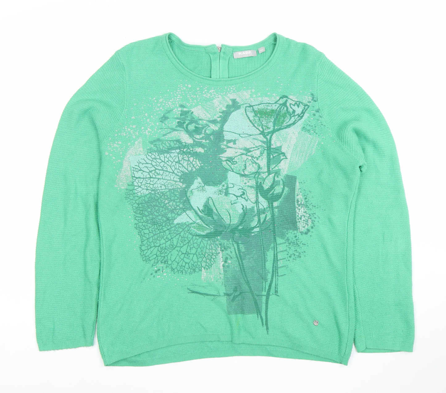Rabe Women Green Floral Knit Cotton Blend Pullover Jumper Size 12