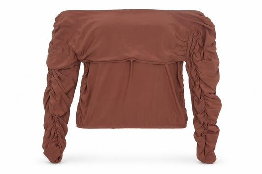 Front view of ASOS DESIGN Women's Brown Off Shoulder Ruched Long Sleeve Cropped Blouse UK 20