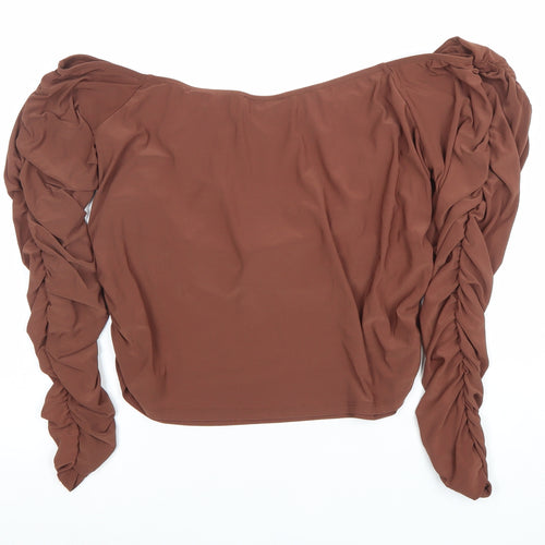 ASOS DESIGN Women's Brown Off Shoulder Ruched Long Sleeve Cropped Blouse UK 20