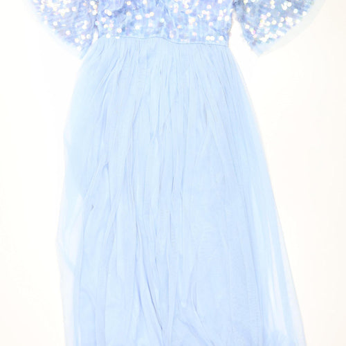 Maya Deluxe Women Blue Sequin Maxi Dress V-Neck Size 12
