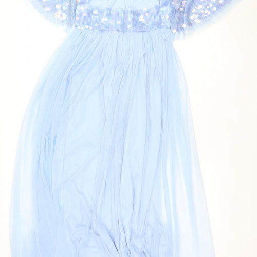 Maya Deluxe Women Blue Sequin Maxi Dress V-Neck Size 12