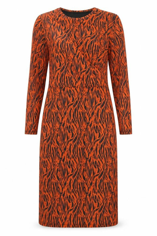 Front view of Savida Women Orange Animal Print Bodycon Dress, size 12