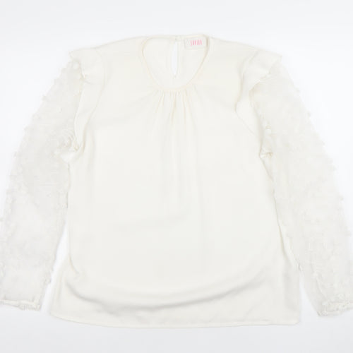 Savior Womens Ivory Long Sleeve Embroidered Ruffle Blouse Size 12