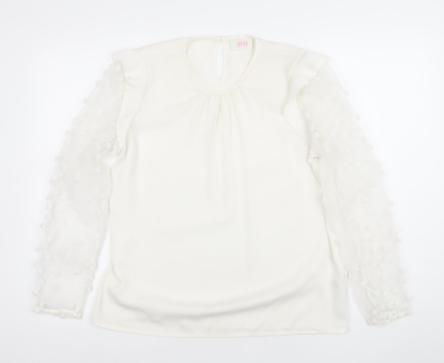 Savior Womens Ivory Long Sleeve Embroidered Ruffle Blouse Size 12
