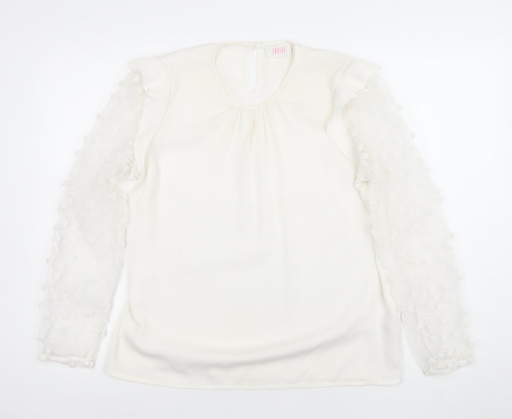 Savior Womens Ivory Long Sleeve Embroidered Ruffle Blouse Size 12