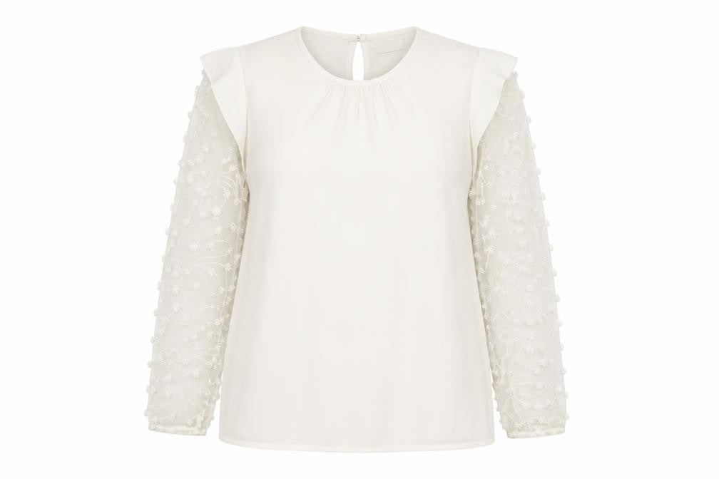 Front view of Savior women’s ivory long sleeve embroidered ruffle blouse, size UK 12