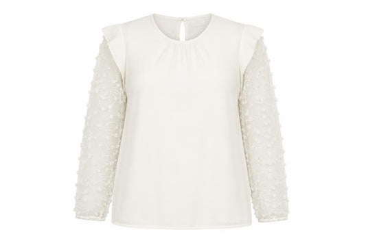 Front view of Savior women’s ivory long sleeve embroidered ruffle blouse, size UK 12