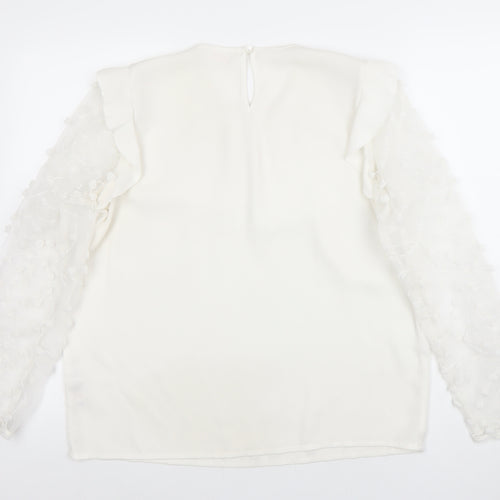 Savior Womens Ivory Long Sleeve Embroidered Ruffle Blouse Size 12