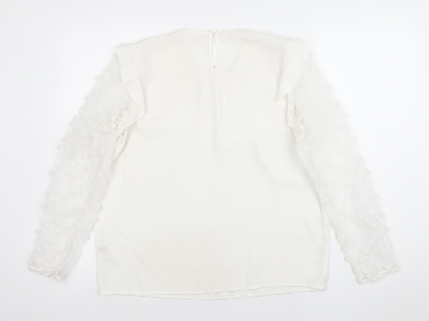 Savior Womens Ivory Long Sleeve Embroidered Ruffle Blouse Size 12