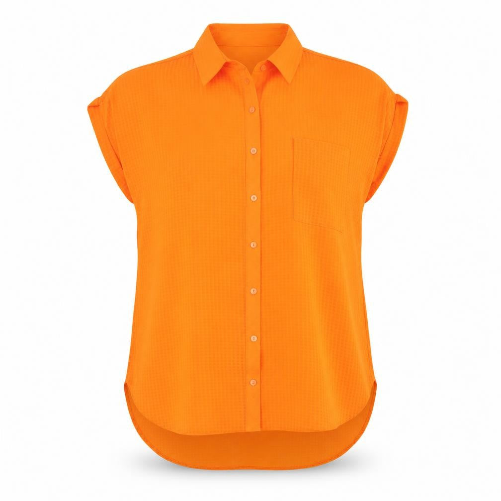Front view of Dunnes Women’s Orange Sleeveless Collared Button-Up Shirt, size UK 12