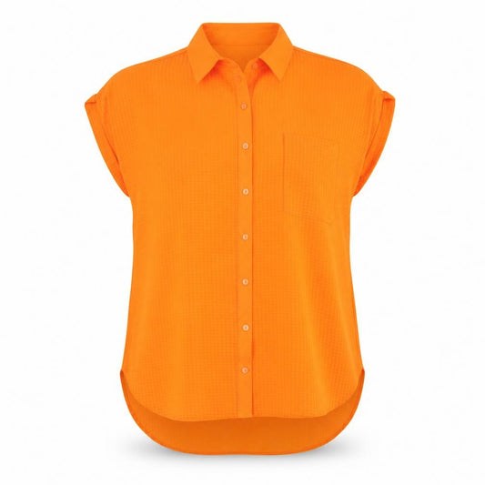 Front view of Dunnes Women’s Orange Sleeveless Collared Button-Up Shirt, size UK 12