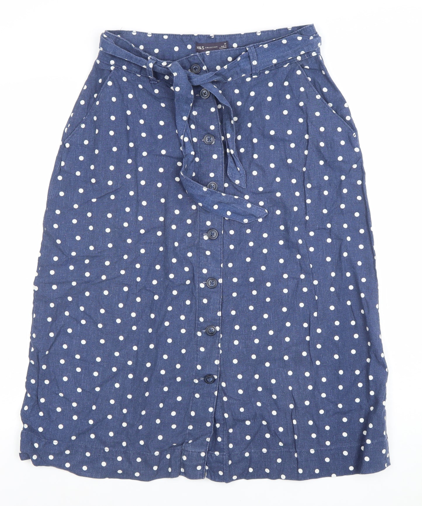 Marks and Spencer Womens Blue Polka Dot Linen Midi A-Line Skirt Size 12