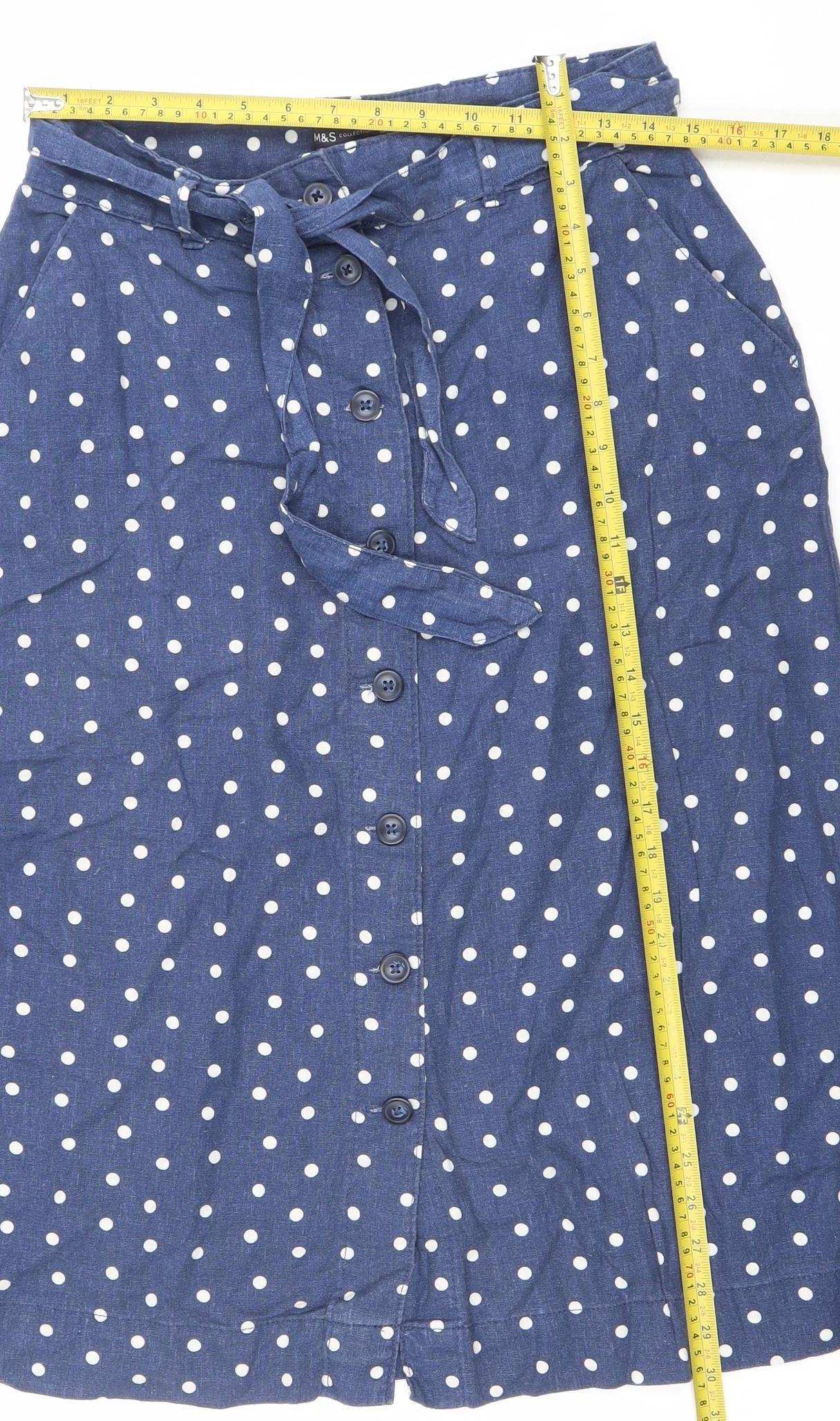 Marks and Spencer Womens Blue Polka Dot Linen Midi A-Line Skirt Size 12