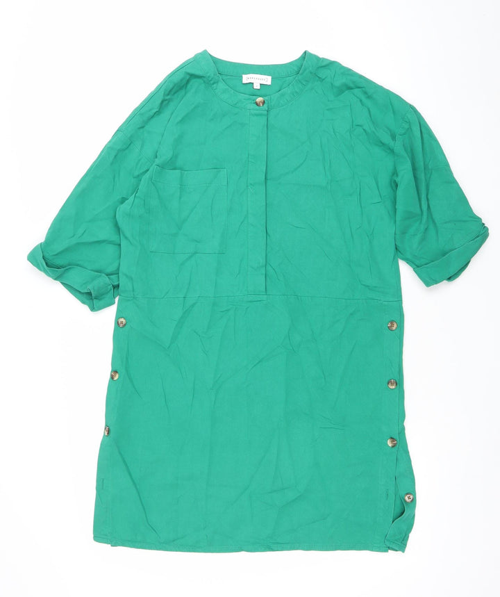 Warehouse Women’s Green Shift Dress Size 10 Short Sleeve Button Detail