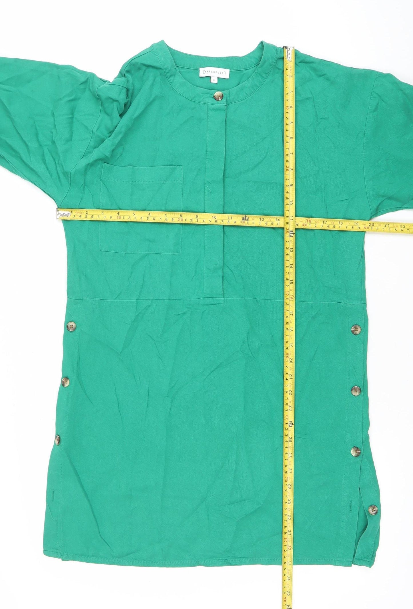 Warehouse Women’s Green Shift Dress Size 10 Short Sleeve Button Detail