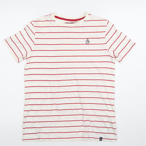 Penguin Boys White Red Striped Cotton Crew Neck T-Shirt Size 14-15 Years