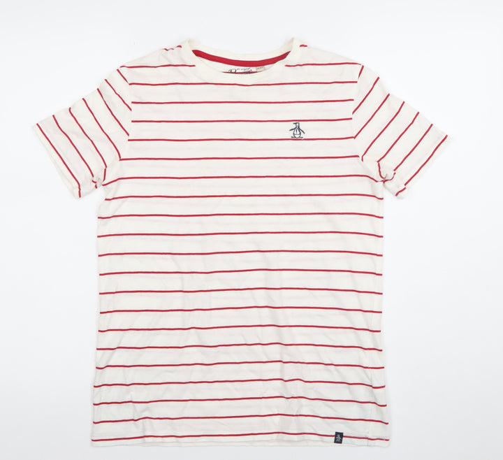 Penguin Boys White Red Striped Cotton Crew Neck T-Shirt Size 14-15 Years