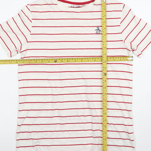 Penguin Boys White Red Striped Cotton Crew Neck T-Shirt Size 14-15 Years