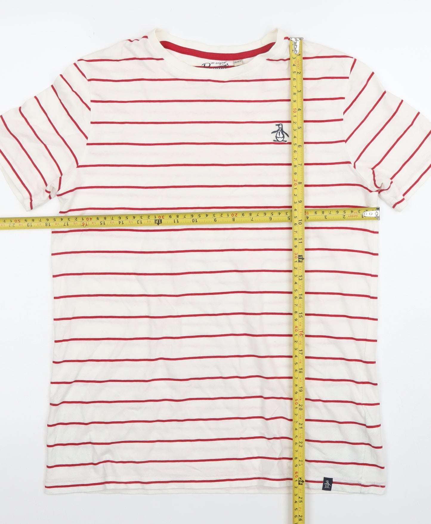 Penguin Boys White Red Striped Cotton Crew Neck T-Shirt Size 14-15 Years