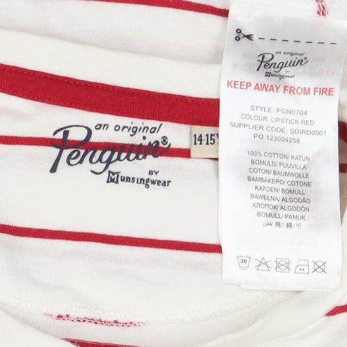 Penguin Boys White Red Striped Cotton Crew Neck T-Shirt Size 14-15 Years