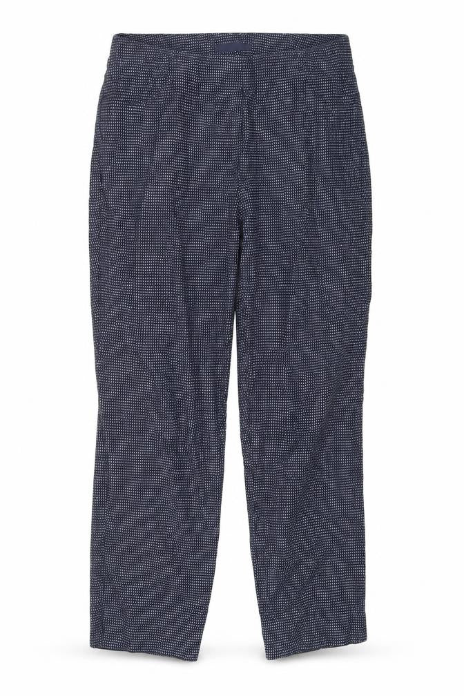 Front view of Stehmann women’s blue geometric slim trousers, size UK 12