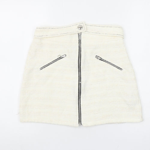 Zara Women Ivory Tweed Zip Mini Skirt Size 12 High Waist