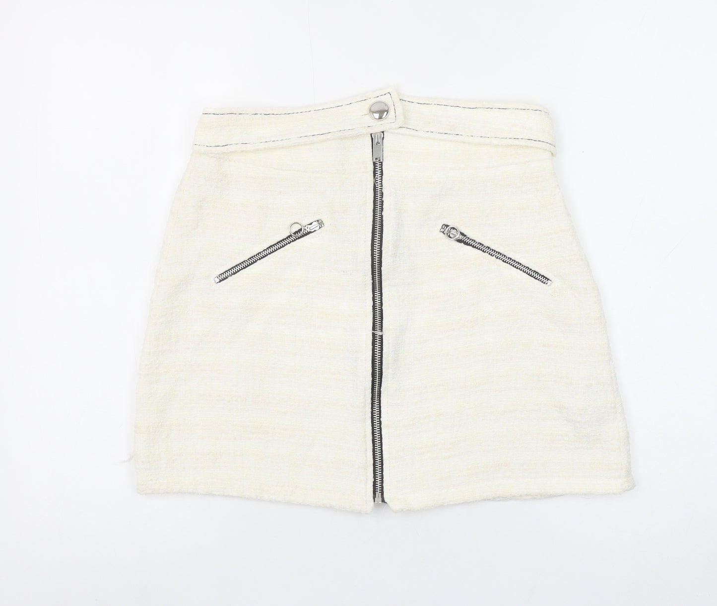 Zara Women Ivory Tweed Zip Mini Skirt Size 12 High Waist