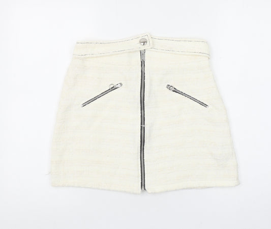 Zara Women Ivory Tweed Zip Mini Skirt Size 12 High Waist