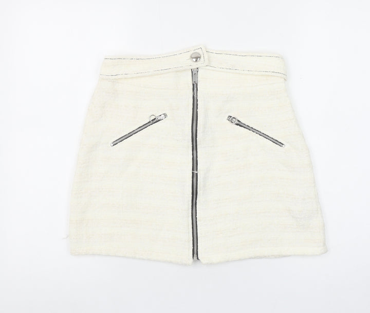 Zara Women Ivory Tweed Zip Mini Skirt Size 12 High Waist