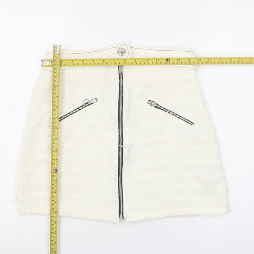 Zara Women Ivory Tweed Zip Mini Skirt Size 12 High Waist
