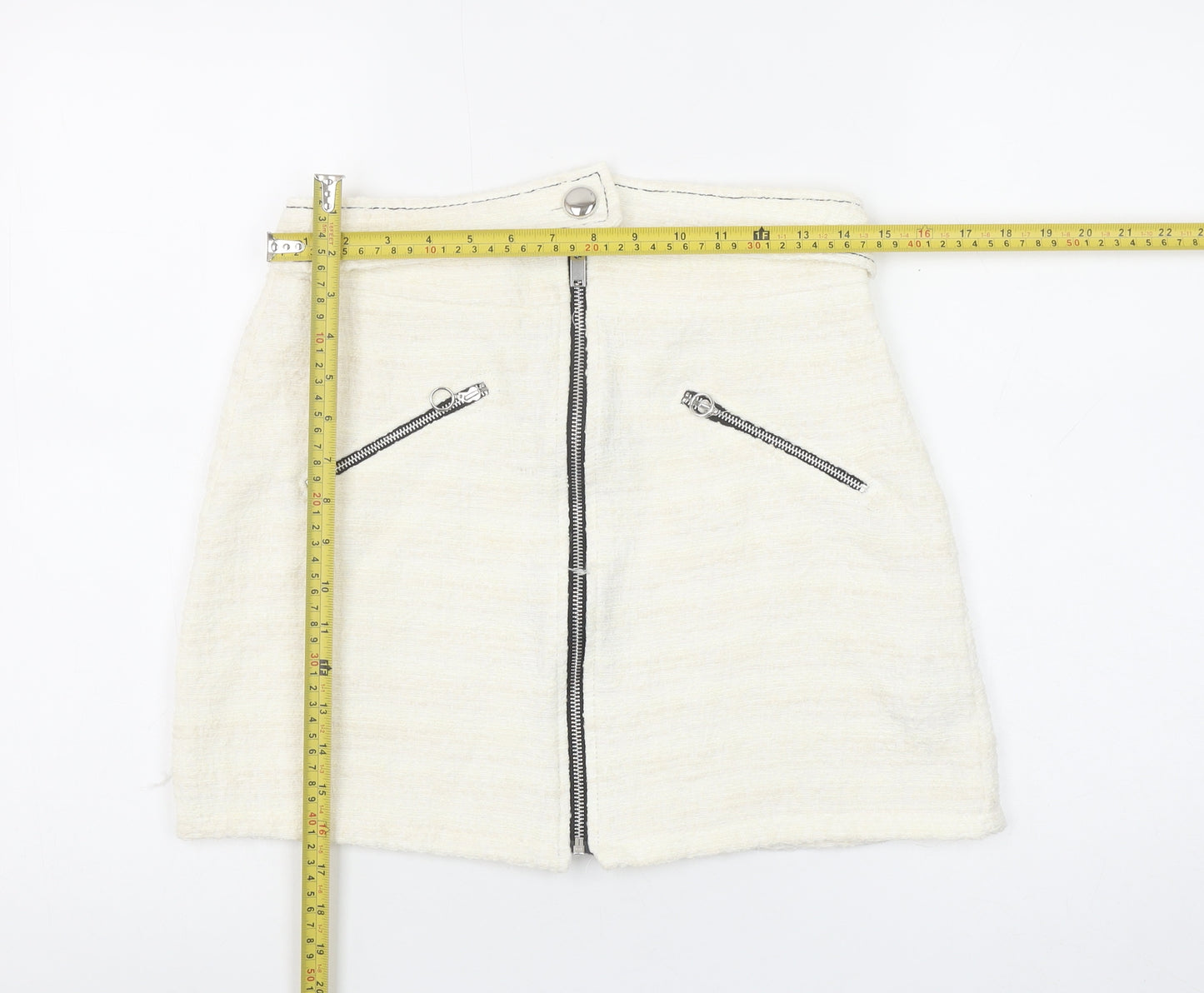 Zara Women Ivory Tweed Zip Mini Skirt Size 12 High Waist